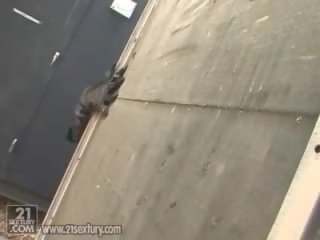 Mocskos vega nőstény róka crouches tovább neki catwoman kosztüm -ban a rooftop